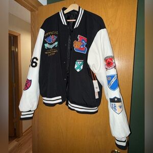 Black and White Varsity Jacket with Patches